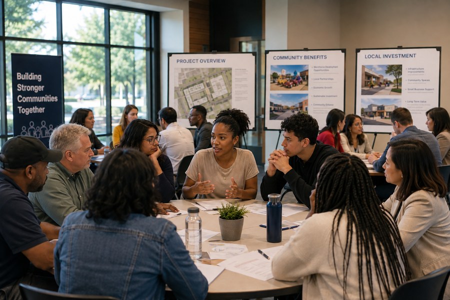 Stakeholders reviewing a community infrastructure plan together
